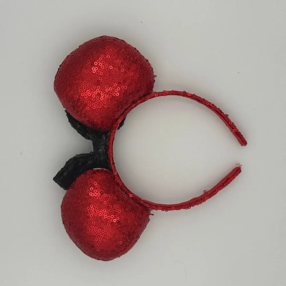 Disney Parks Minnie Mouse Ears Red White Polka Dot Sequin Black Bow